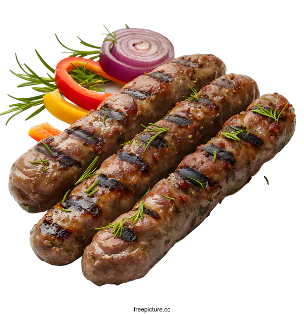[Transparent Background PNG]Grilled sausages with rosemary and vegetables