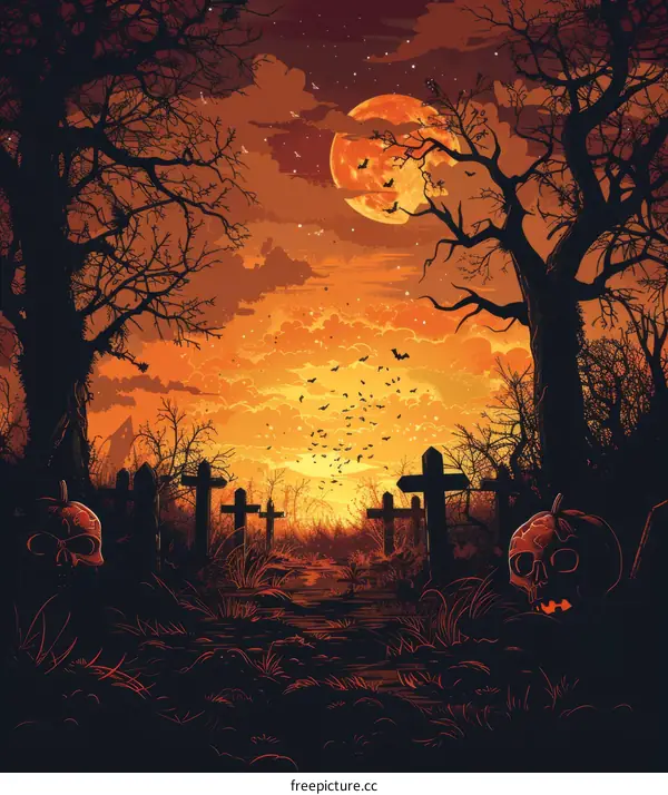 Spooky Graveyard with a Large Orange Moon