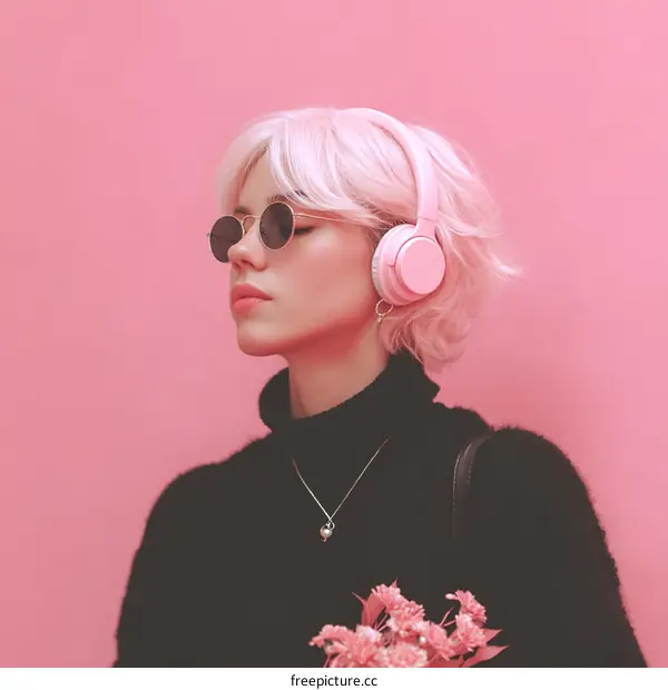 Stylish Young Woman with Pink Headphones and Sunglasses