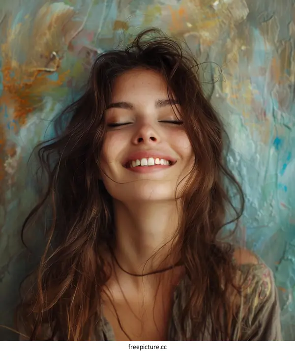 Portrait of a young beautiful smiling woman with long brown hair