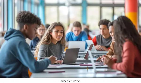 High school students working on a project in the library