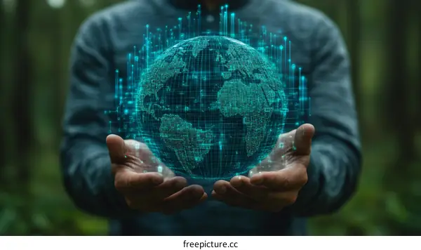 Digital Earth in the Hands of a Person in a Forest