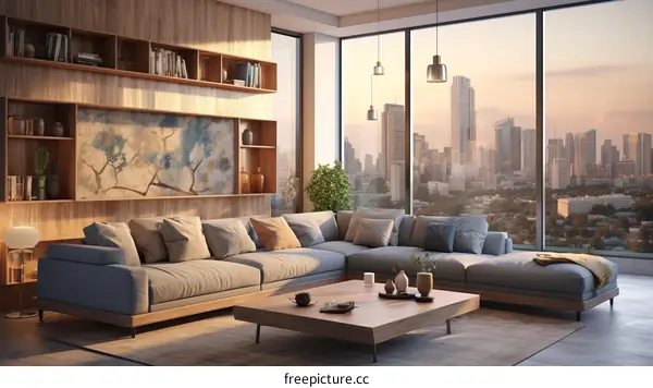 Modern Living Room with City View and Large Windows