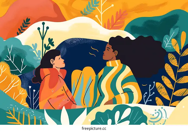 Two Women Talking in a Colorful Floral Illustration