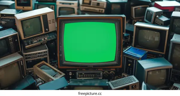 A pile of vintage televisions with a green screen in the center