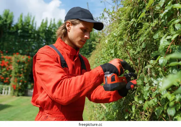 Gardener Trimming Hedge with Electric Trimmer