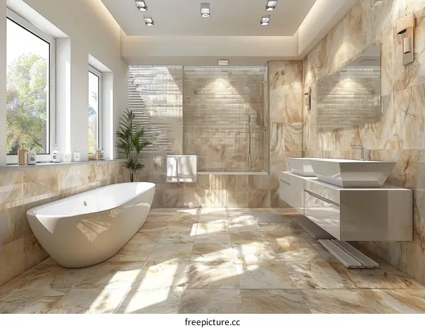 Modern Beige Bathroom with Elegant Tiles and Bathtub