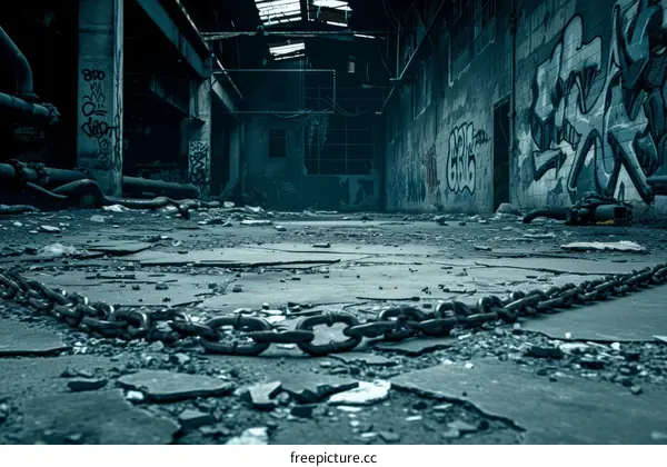 Large dark abandoned industrial building interior with broken floor and graffiti on the walls