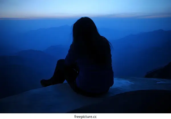 Silhouette of a Woman Sitting on a Mountain Overlooking a Blue Sky and Mountains