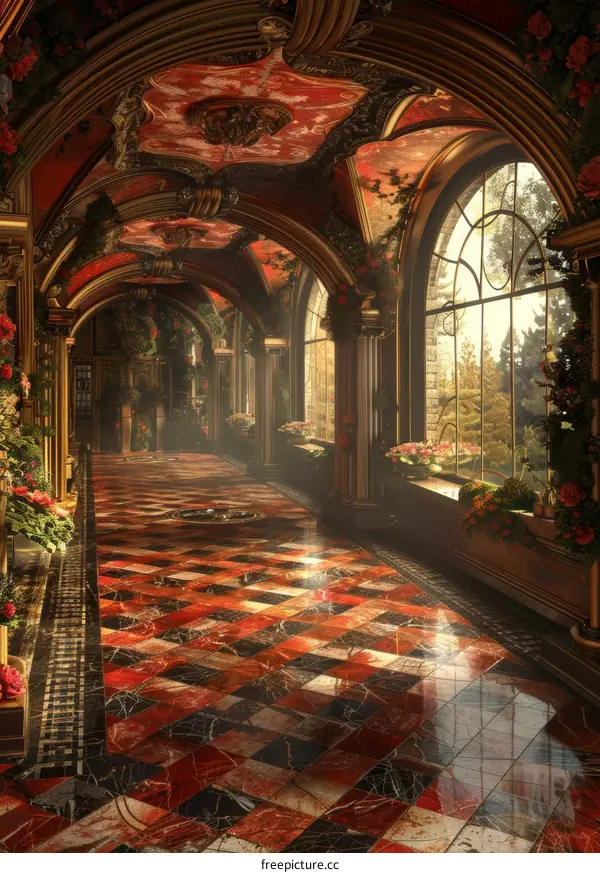 Ornate Baroque Palace Hallway with Vaulted Ceiling and Chandeliers