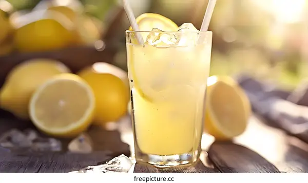 Glass of Cold Lemonade with Ice Cubes and Lemon Slices