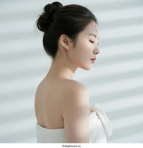 A Young Asian Woman with Elegant Hair Updo and Bare Shoulders