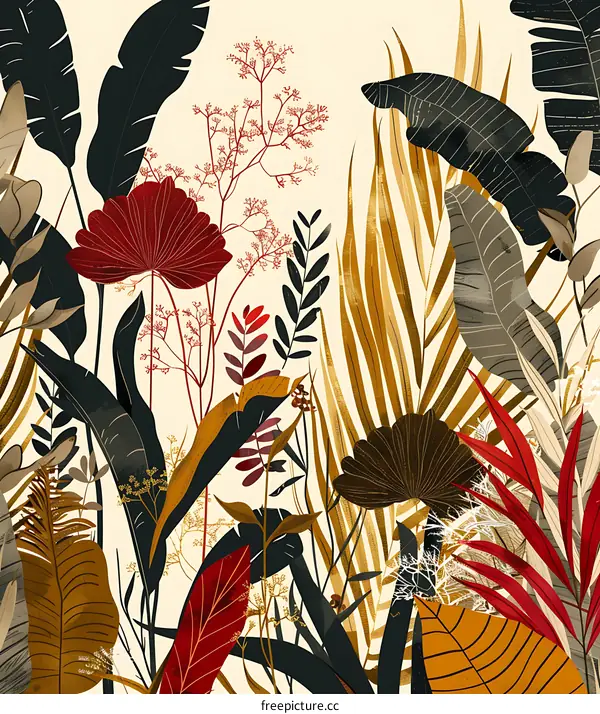 Tropical Leaves and Flowers Illustration