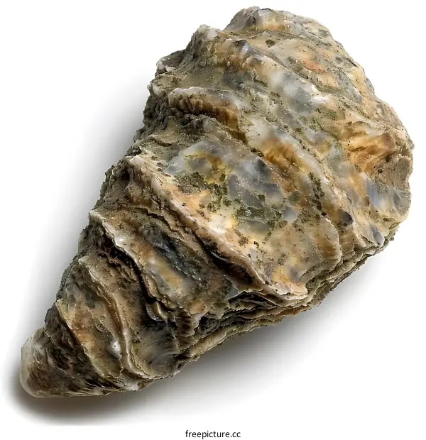 A large, rough, natural oyster shell with a rough, bumpy surface and a large, dark, central hinge.