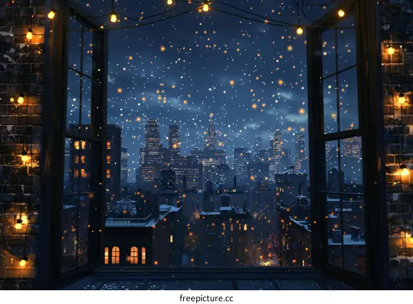 Winter Night Cityscape View from a Window