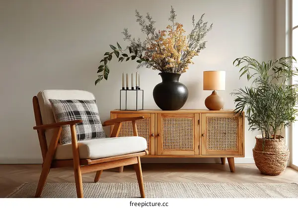 Cozy Living Room Decor with Wooden Furniture and Plants