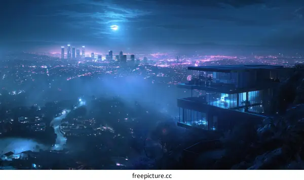 futuristic night cityscape with a modern house