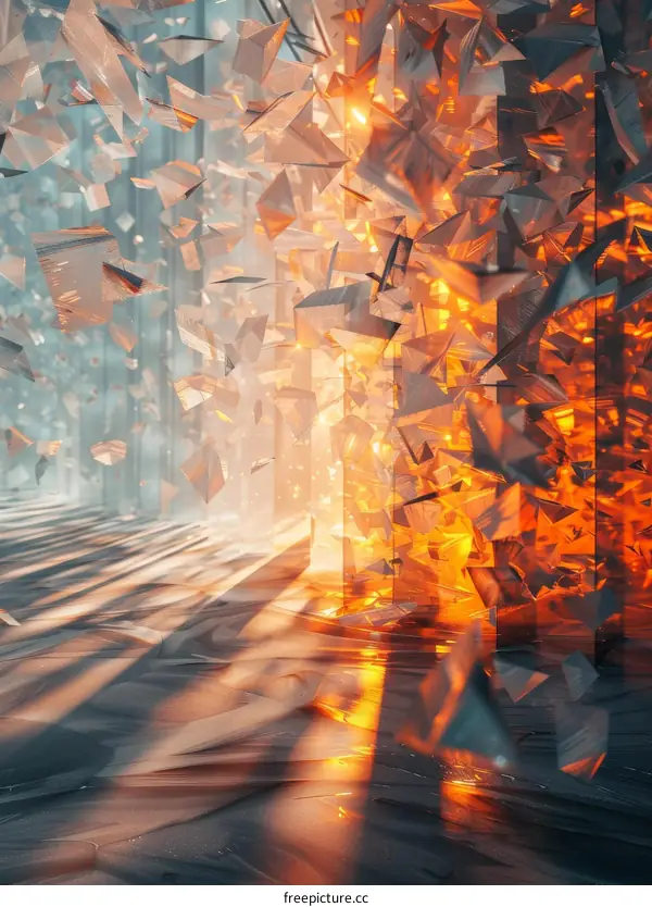 Futuristic Sci-fi Environment with Glowing Orange Crystals and Shattered Glass