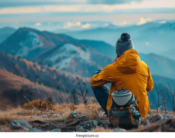 woman in yellow jacket looking at mountain view