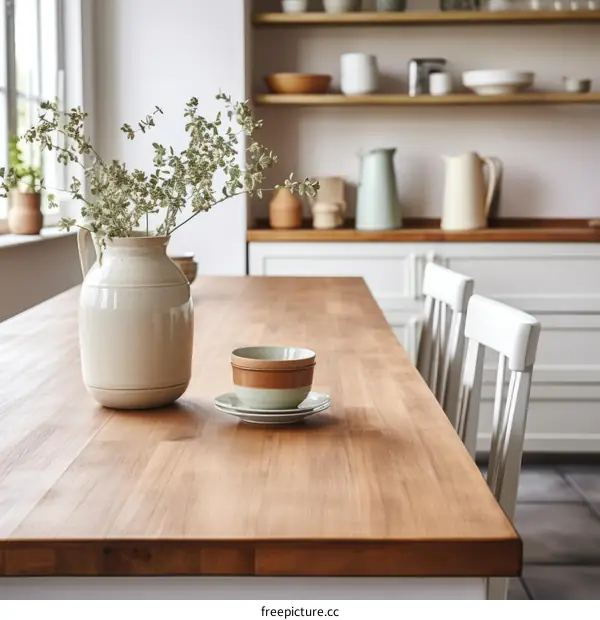 Wooden Table with Flower Vase and Place Setting
