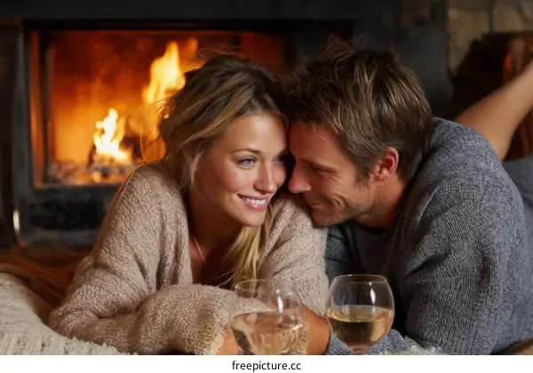 Couple Cozying Up by the Fireplace with Wine