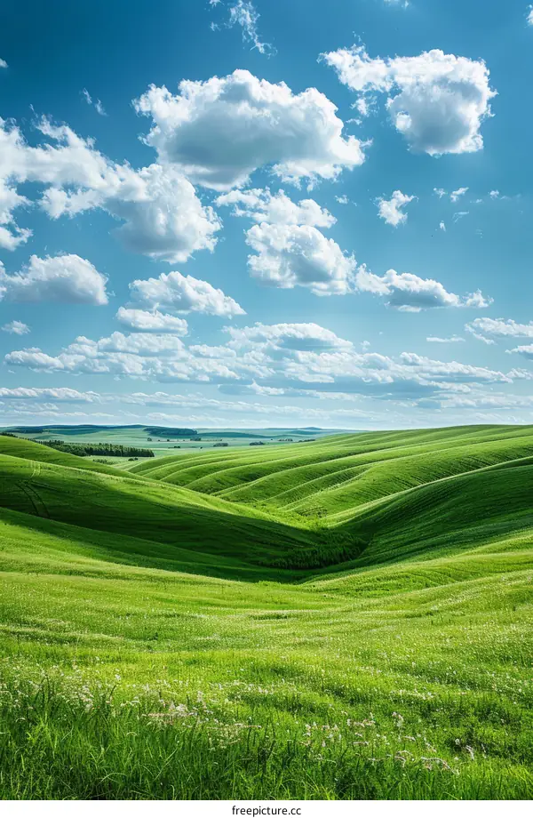 Grasslands undulate beneath a cerulean sky