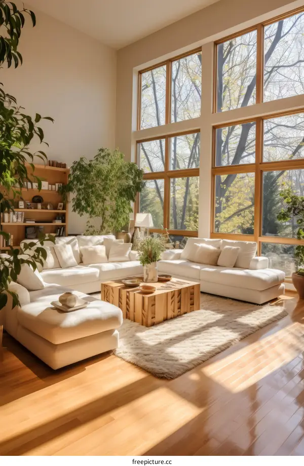 Bright and Airy Living Room with Large Windows and Plants