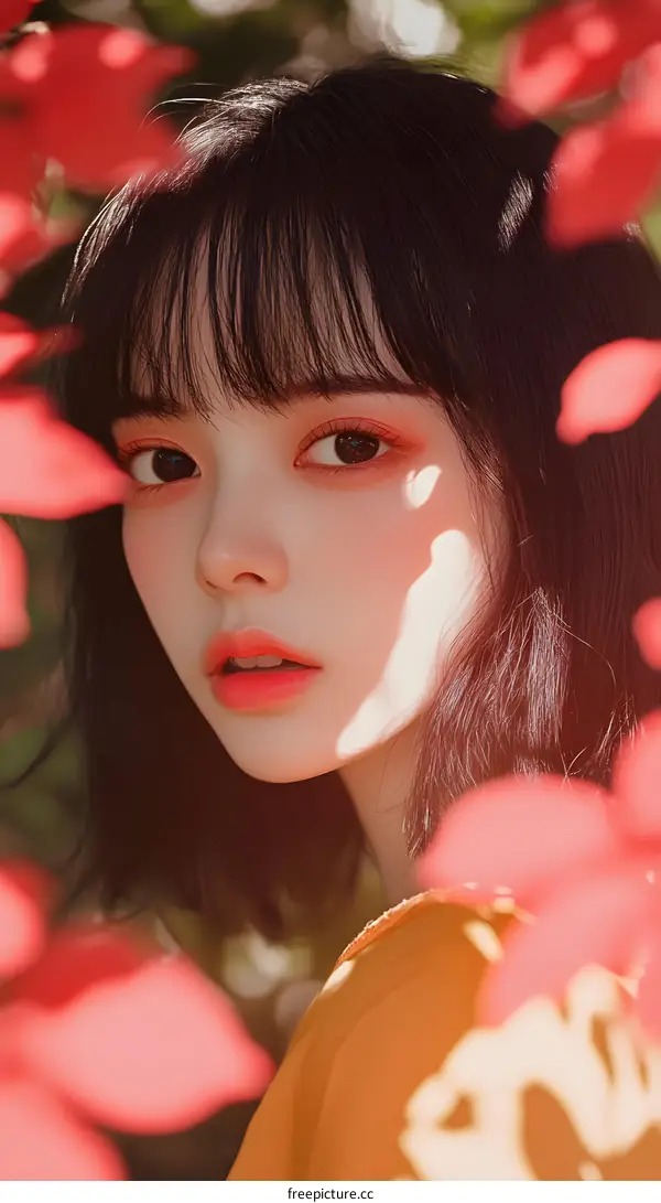 Portrait of Asian Woman With Red Flowers