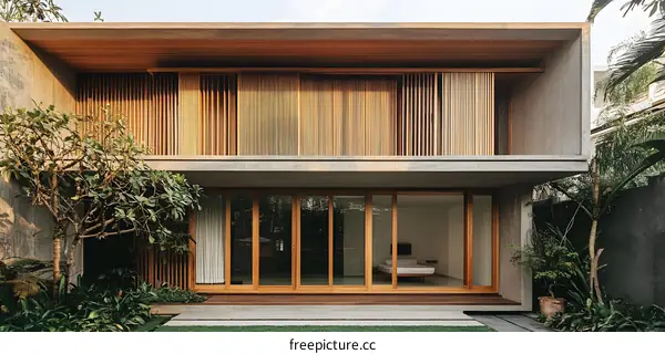 Modern Concrete and Wood House with Lush Greenery
