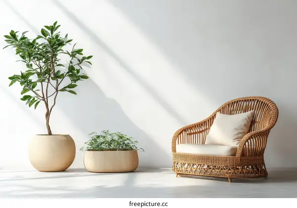 Modern Minimalist Living Room with Wicker Chair and Plants