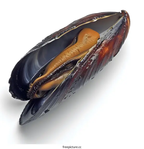 A close up image of an open mussel on a white background