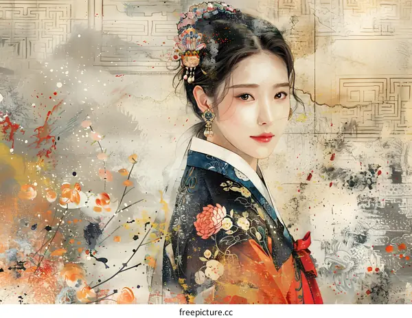 Korean Woman in Traditional Hanbok Clothing with Floral Patterns