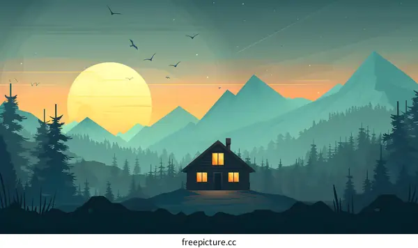 Cabin in the Forest with Sunset and Mountains