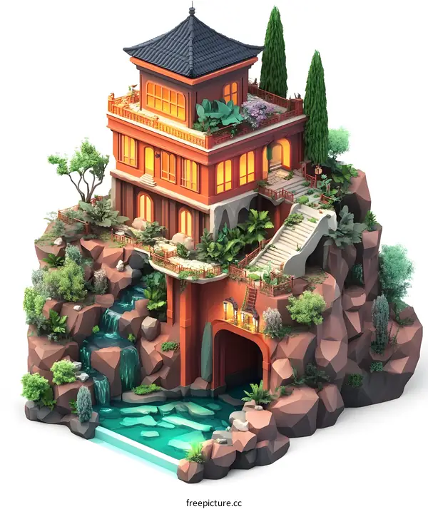 Low Poly Illustration of a House on a Cliff with Waterfall