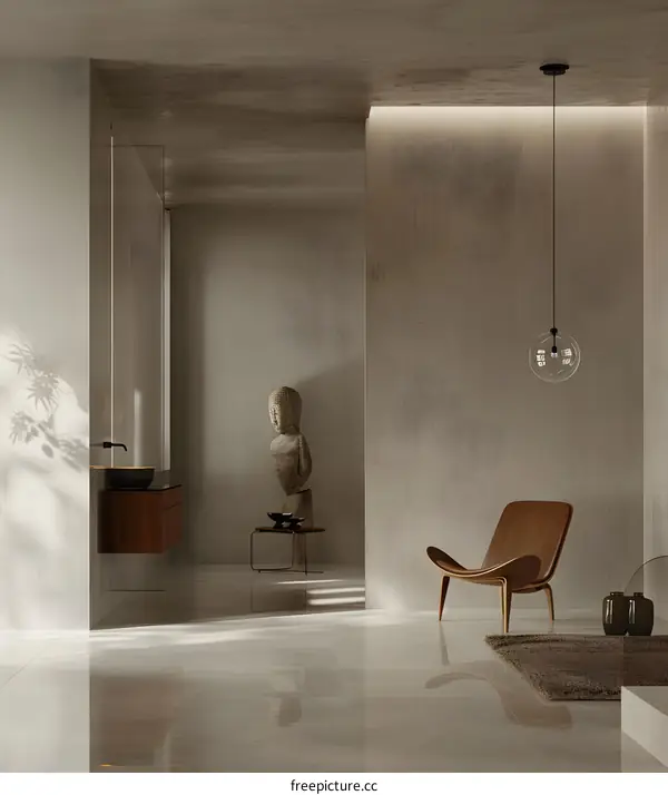 Minimalist Interior Design With A Wooden Buddha Statue