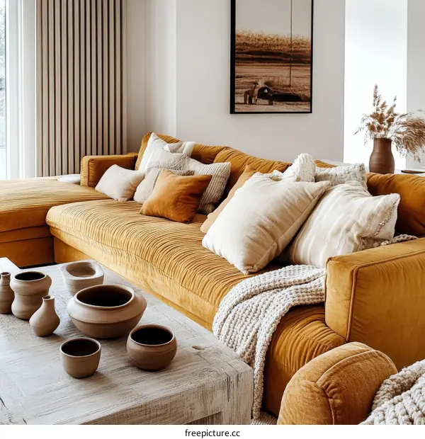 Mustard Yellow Sectional Sofa with Beige Pillows and Decor