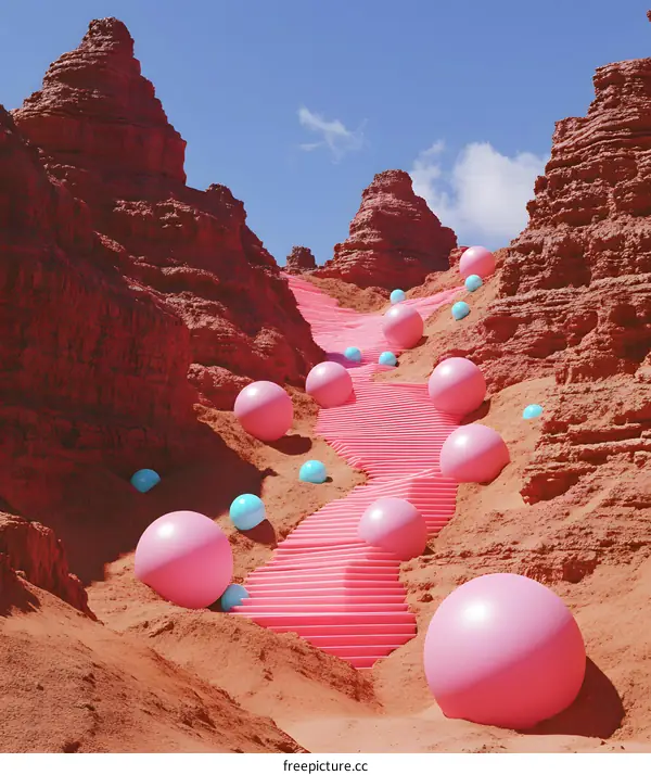 Pink Stairs Leading Up To The Sky Through Mountains