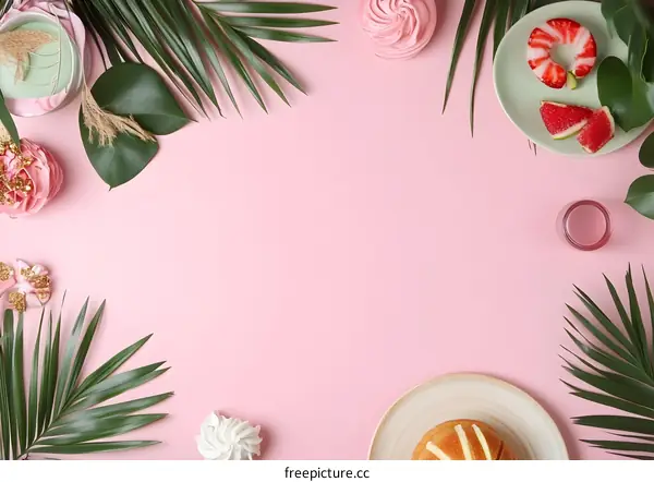 Tropical Flat Lay with Flowers, Food, and Palm Leaves