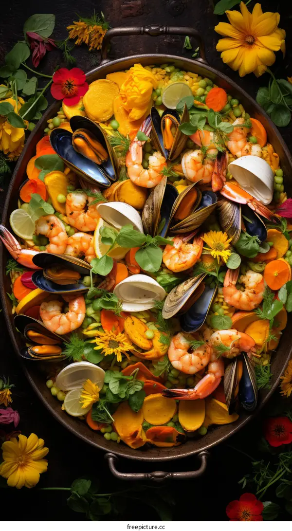 A delicious and healthy seafood paella with shrimp, clams, mussels, and vegetables