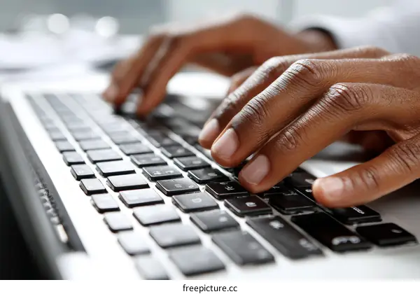 Close-up view of hands typing on a laptop keyboard