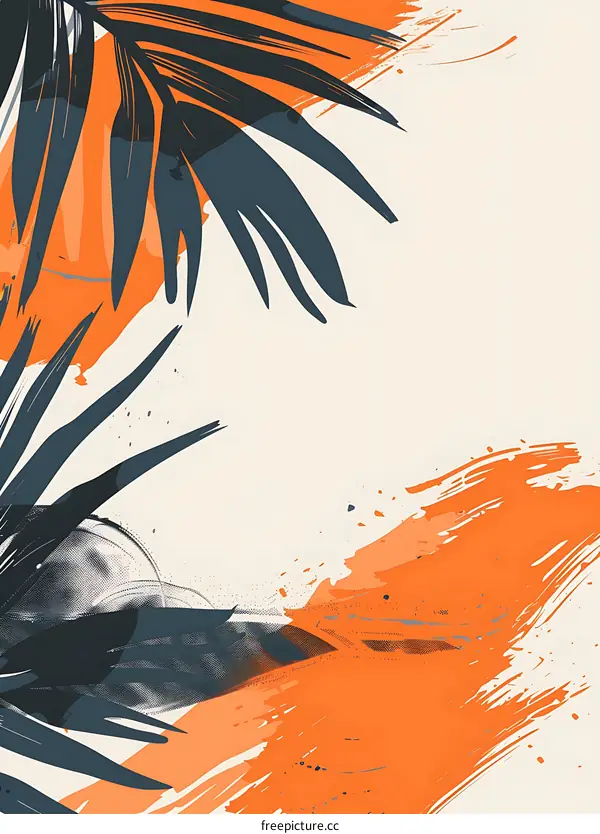 Abstract Tropical Palm Leaves with Orange Paint Brush Strokes
