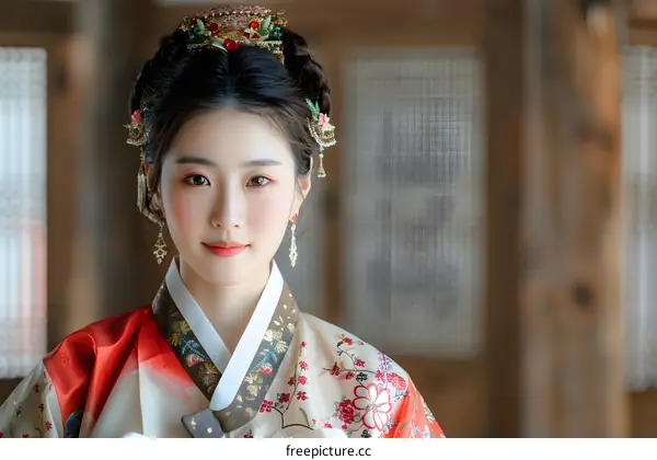 Portrait of a young woman in traditional Korean dress, smiling at the camera.