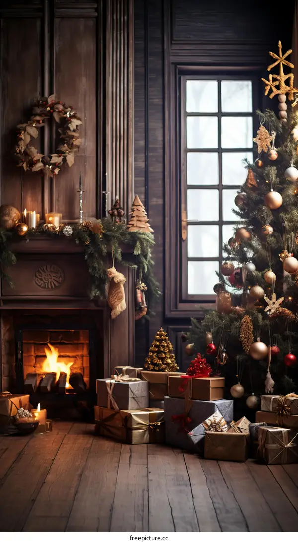 A cozy living room decorated for Christmas with a fireplace, a Christmas tree, and presents