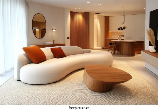 Modern Living Room Interior Design with Curved Sofa and Wooden Table