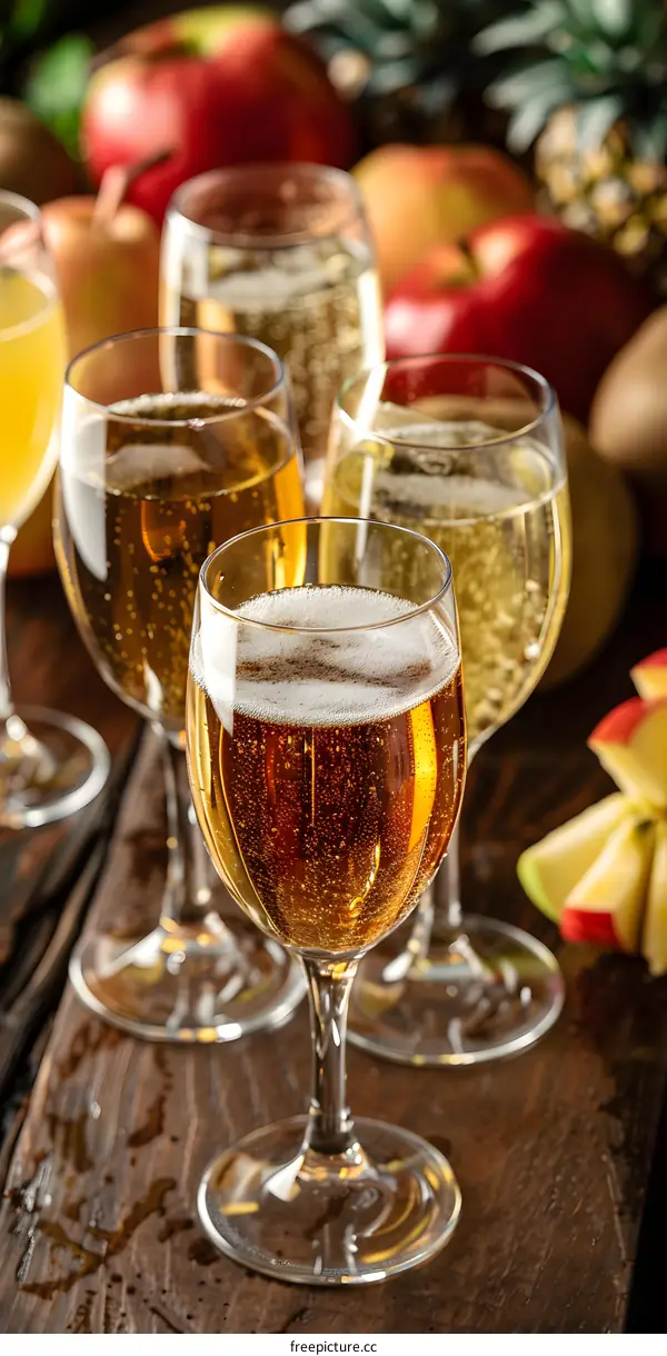 Sparkling Apple Cider in Glasses with Apples and Pineapple