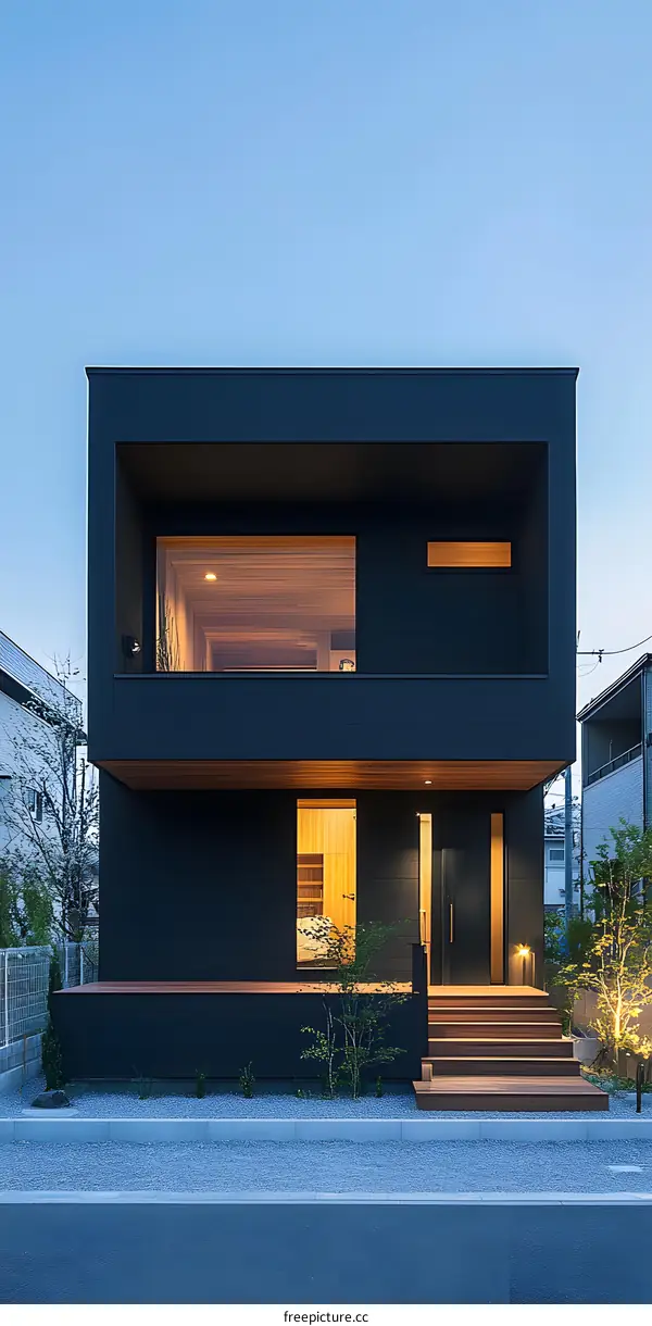 Modern Black House with Wooden Details and a Gravel Pathway