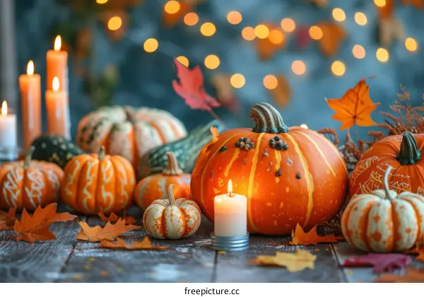 A beautiful still life of pumpkins and gourds with candles in the background