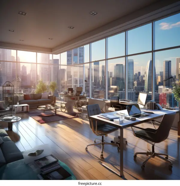 Modern Office Interior Design with City Skyline View