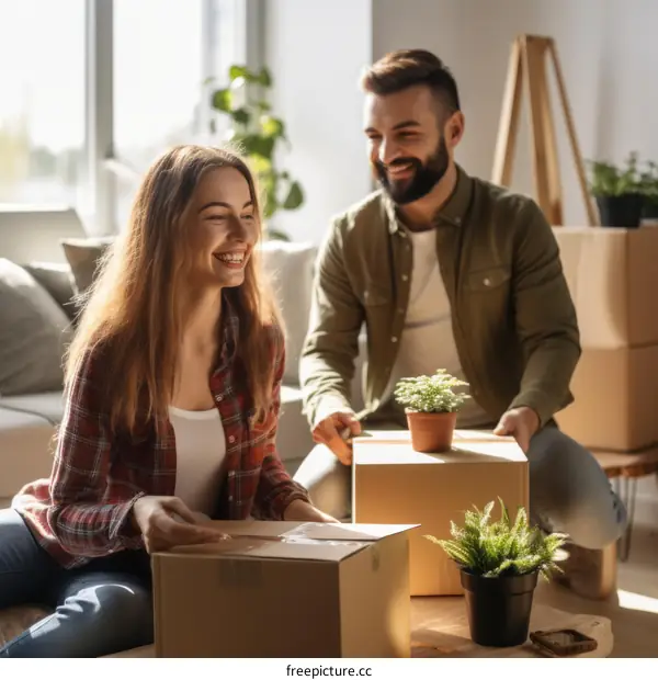Couple unpacking boxes and smiling in new home