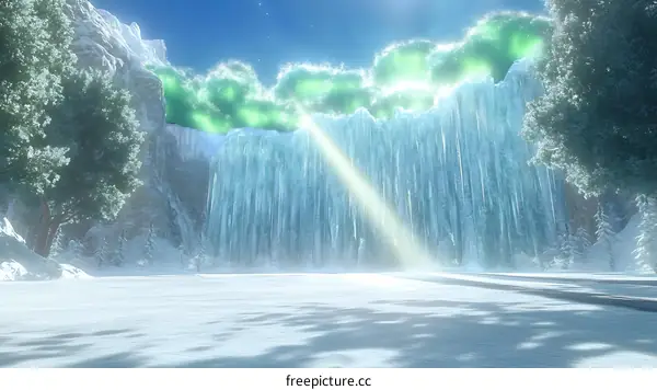 Fantasy Winter Landscape with Frozen Waterfall and Green Aurora Borealis